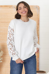 Carley Jumper - Crew Neck Lace Sleeve Knit in White