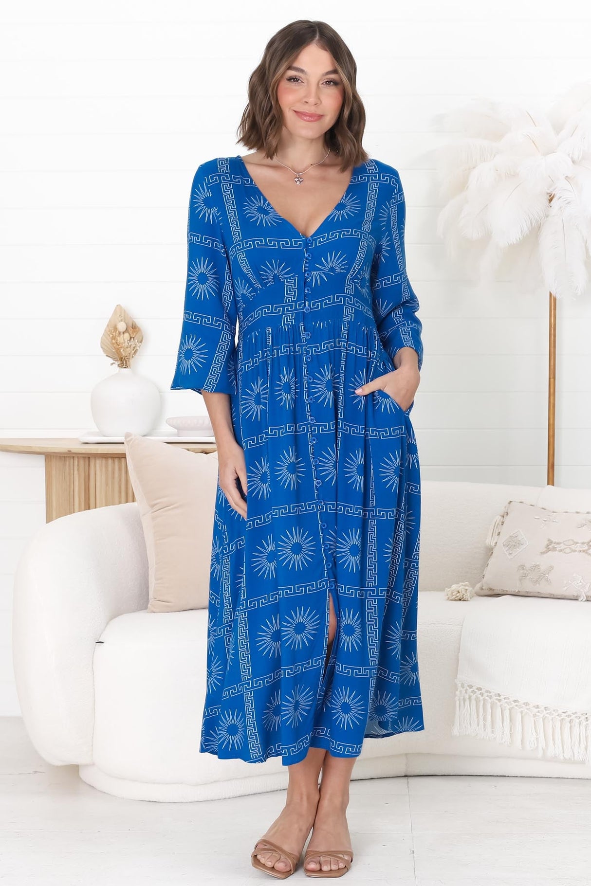 Bello Midi Dress - Button Through Dress with Balloon Sleeves in Astra Print Blue