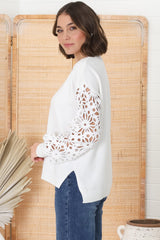 Carley Jumper - Crew Neck Lace Sleeve Knit in White