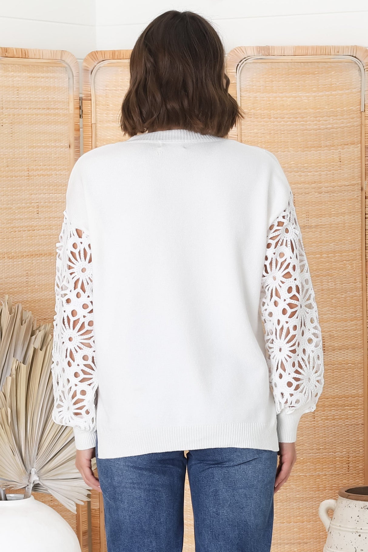 Carley Jumper - Crew Neck Lace Sleeve Knit in White