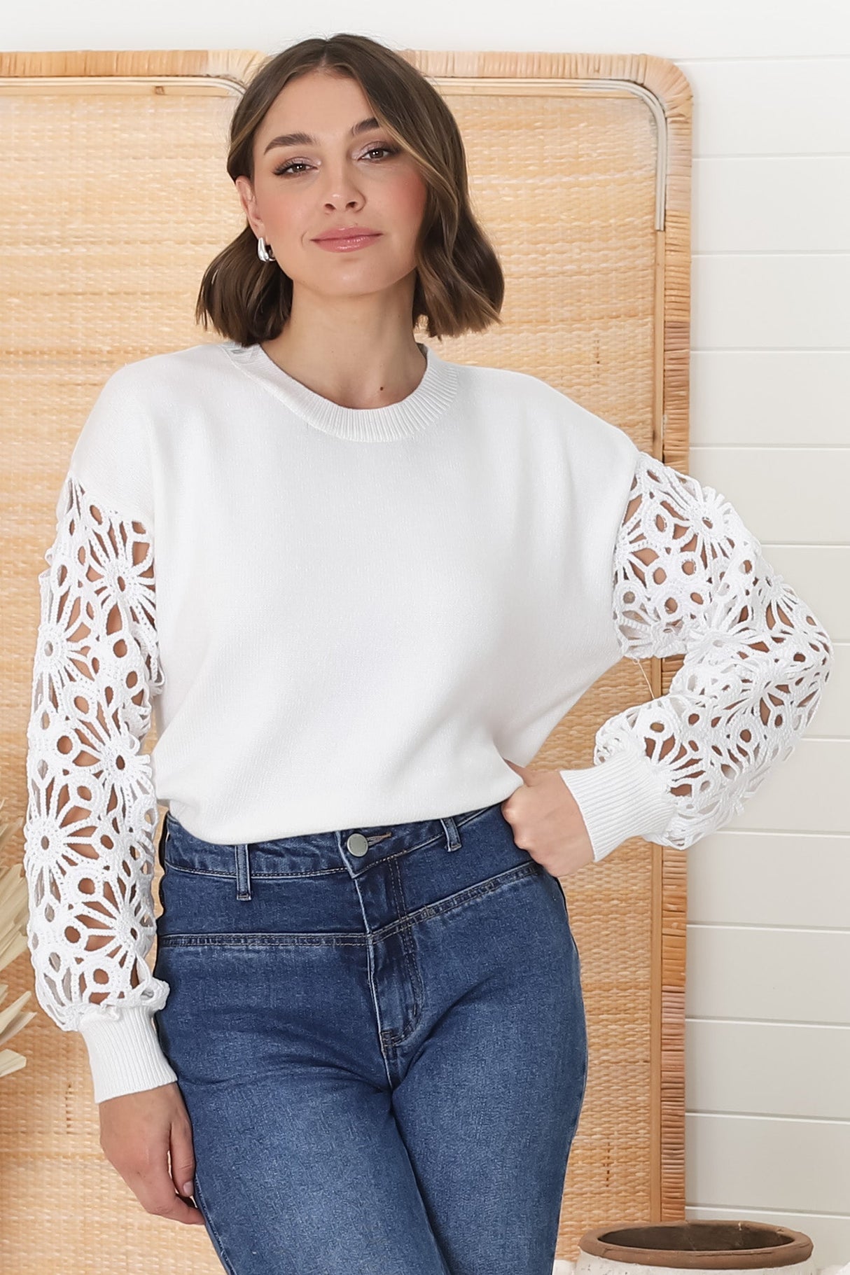 Carley Jumper - Crew Neck Lace Sleeve Knit in White