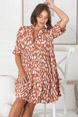 Evie Mini Dress - 3/4 Sleeve Tiered Smock Dress in Rust