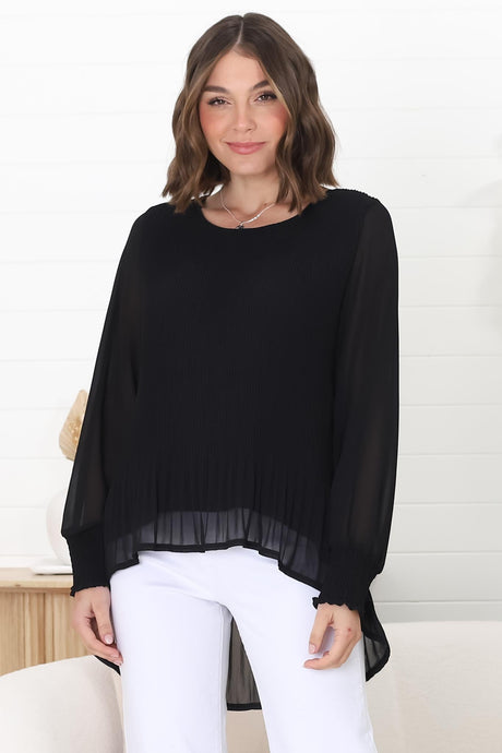 Kayt Blouse - Plisse Long Sleeve Top with High-Low Hemline in Black