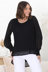 Kayt Blouse - Plisse Long Sleeve Top with High-Low Hemline in Black