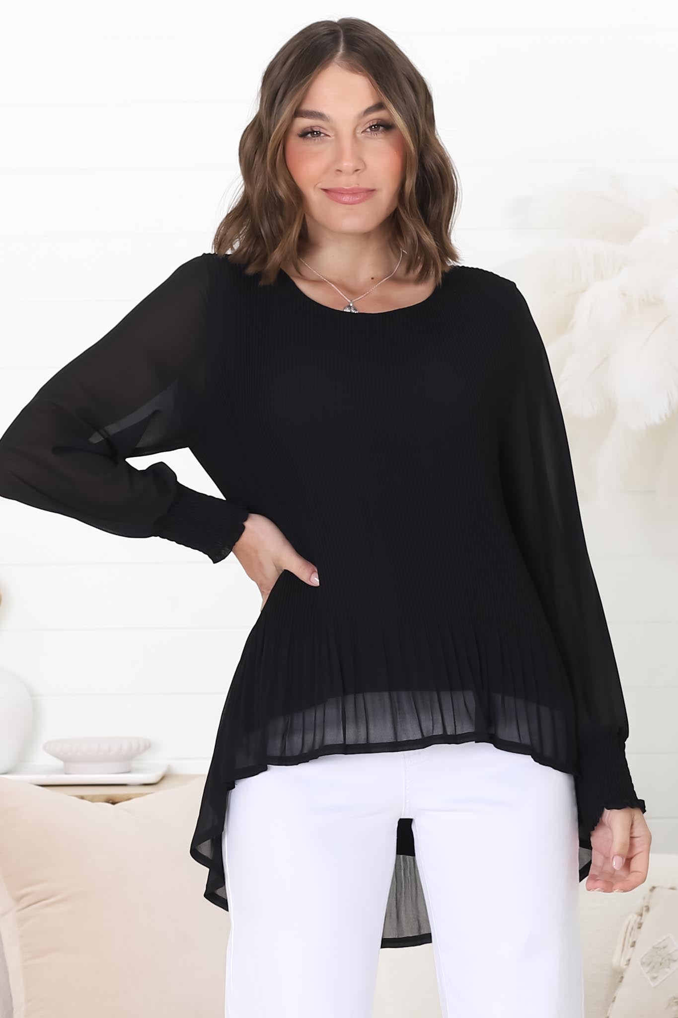 Kayt Blouse - Plisse Long Sleeve Top with High-Low Hemline in Black