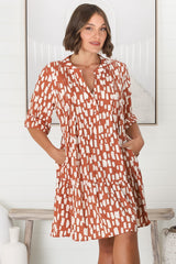 Evie Mini Dress - 3/4 Sleeve Tiered Smock Dress in Rust