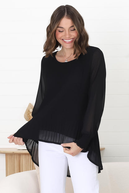 Kayt Blouse - Plisse Long Sleeve Top with High-Low Hemline in Black