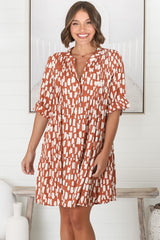 Evie Mini Dress - 3/4 Sleeve Tiered Smock Dress in Rust