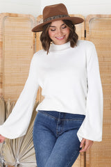 Tallum Knit Top - High Neck Knit Top with Balloon Sleeves in White