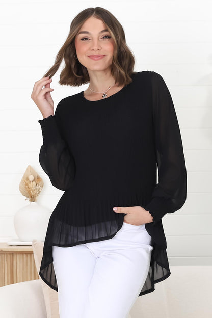 Kayt Blouse - Plisse Long Sleeve Top with High-Low Hemline in Black