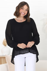 Kayt Blouse - Plisse Long Sleeve Top with High-Low Hemline in Black