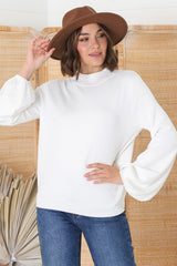 Tallum Knit Top - High Neck Knit Top with Balloon Sleeves in White