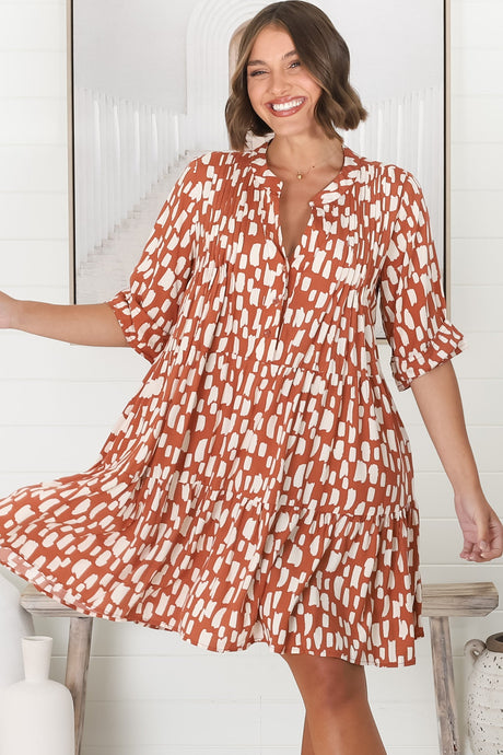 Evie Mini Dress - 3/4 Sleeve Tiered Smock Dress in Rust