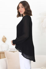 Kayt Blouse - Plisse Long Sleeve Top with High-Low Hemline in Black