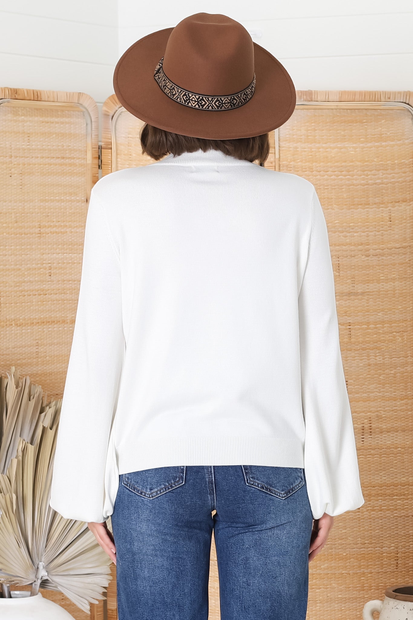 Tallum Knit Top - High Neck Knit Top with Balloon Sleeves in White