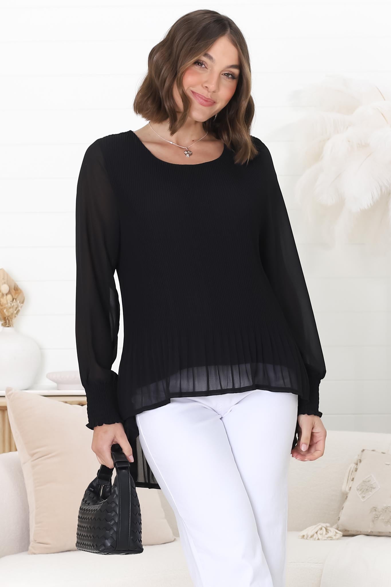 Kayt Blouse - Plisse Long Sleeve Top with High-Low Hemline in Black