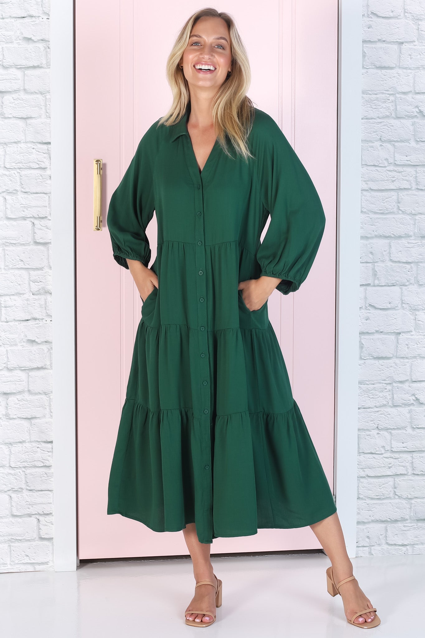 Zaraha Midi Dress - Folded Collar Button Down Tiered Dress in Green