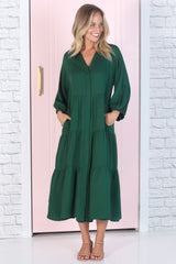 Zaraha Midi Dress - Folded Collar Button Down Tiered Dress in Green