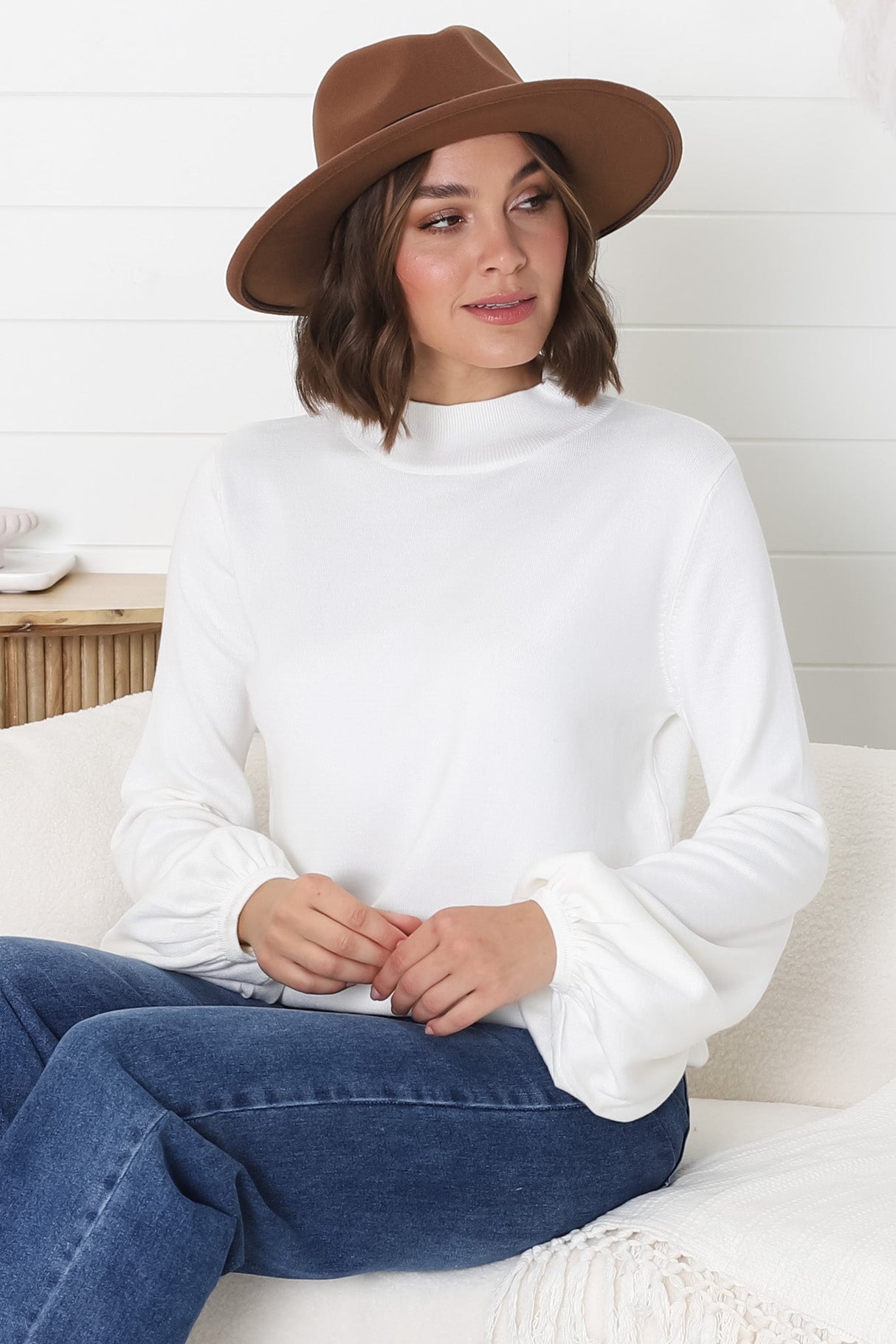 Tallum Knit Top - High Neck Knit Top with Balloon Sleeves in White