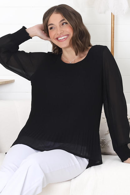 Kayt Blouse - Plisse Long Sleeve Top with High-Low Hemline in Black