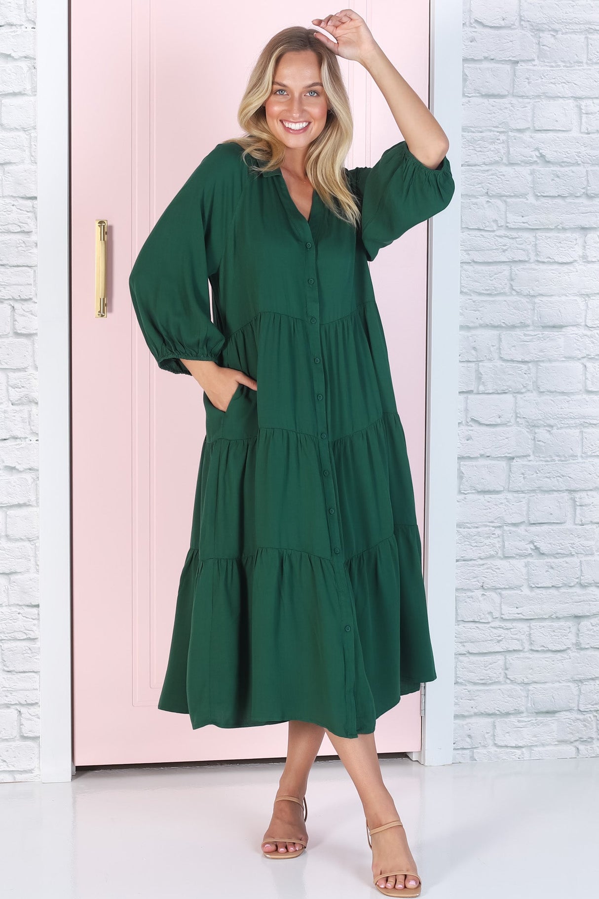 Zaraha Midi Dress - Folded Collar Button Down Tiered Dress in Green