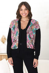 Jupiter Cardigan - Multi Sequin Button Up Cardigan in Black/Pink