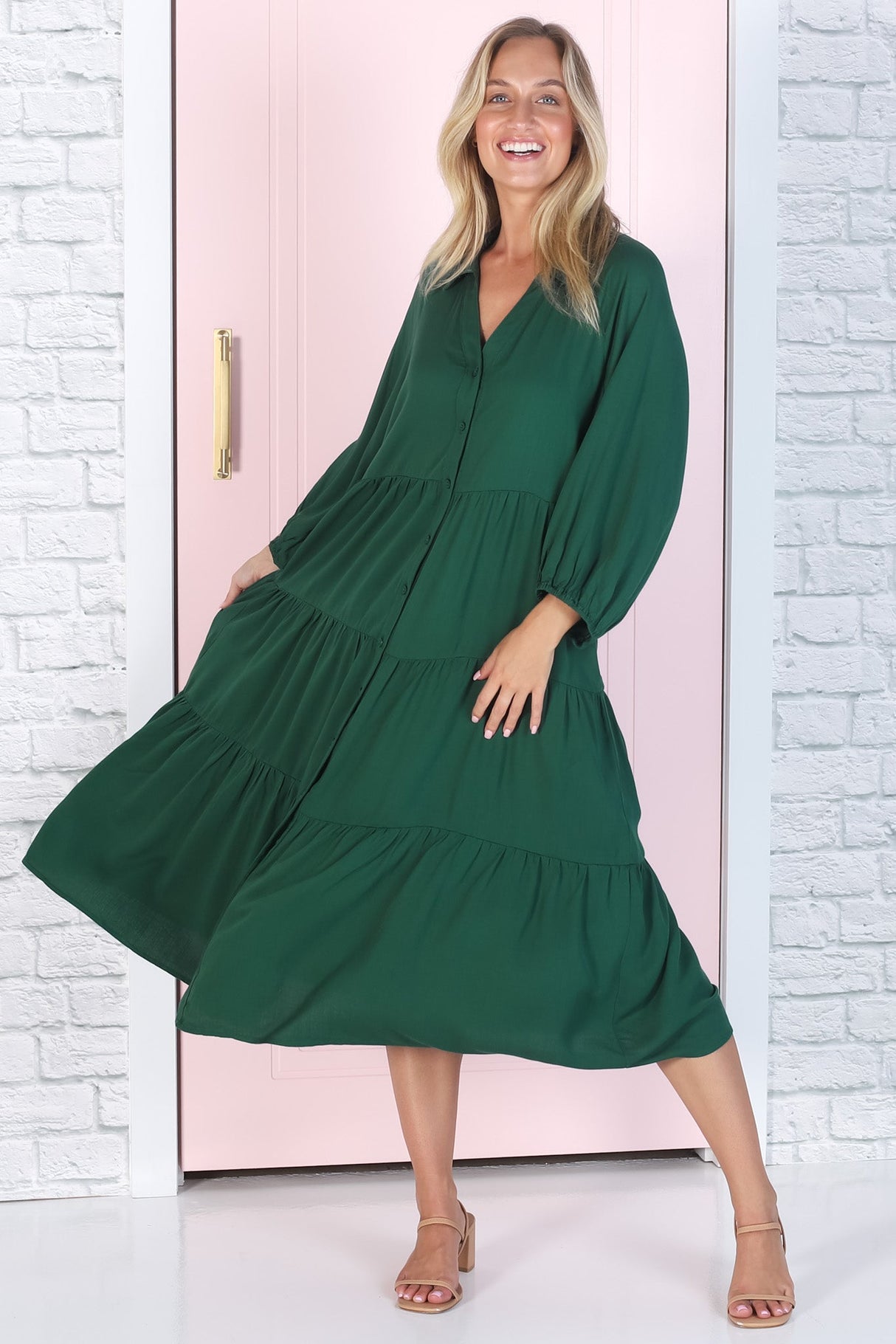 Zaraha Midi Dress - Folded Collar Button Down Tiered Dress in Green