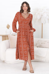 Bello Midi Dress - Button Through Dress with Balloon Sleeves in Astra Print Rust