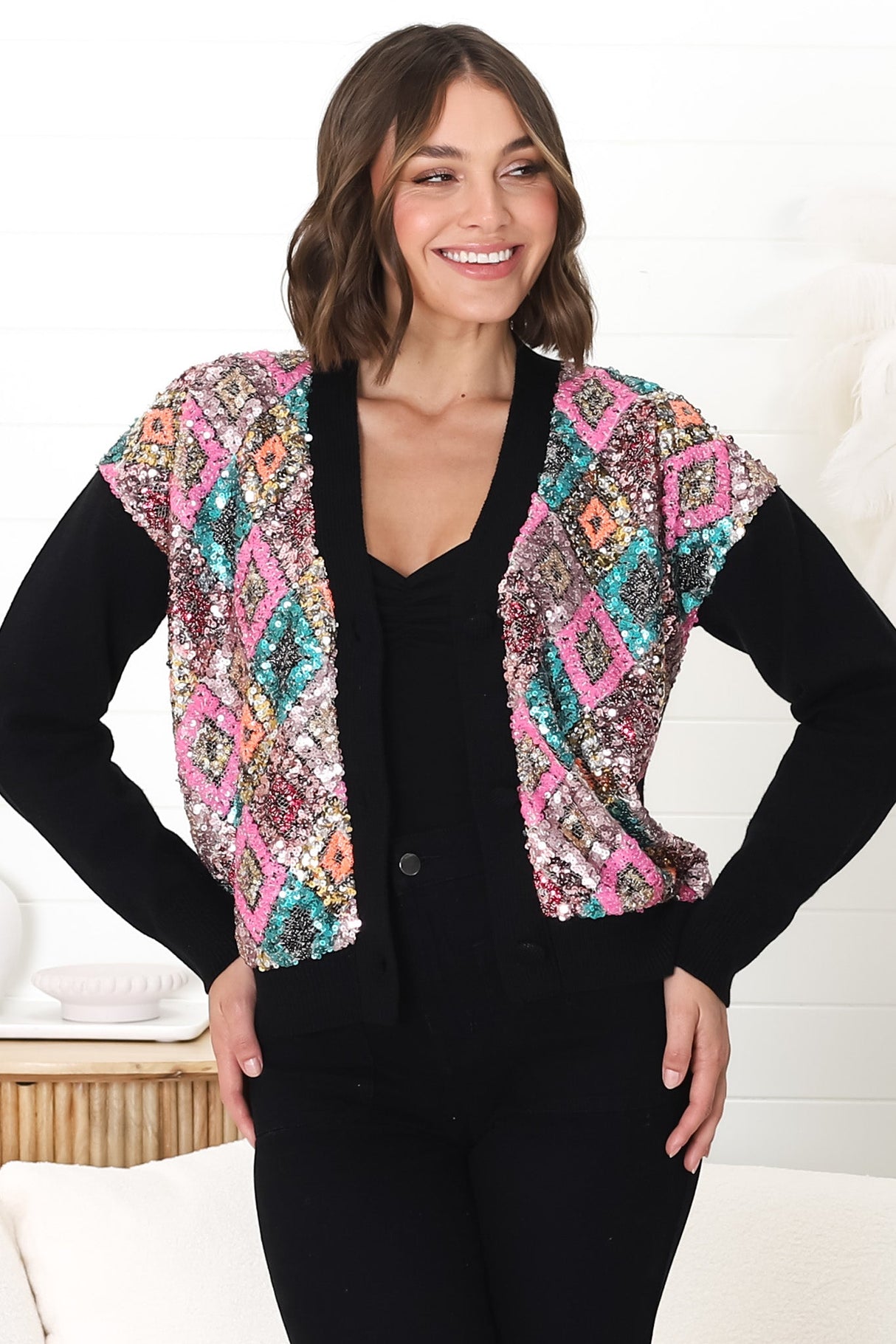 Jupiter Cardigan - Multi Sequin Button Up Cardigan in Black/Pink