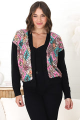 Jupiter Cardigan - Multi Sequin Button Up Cardigan in Black/Pink