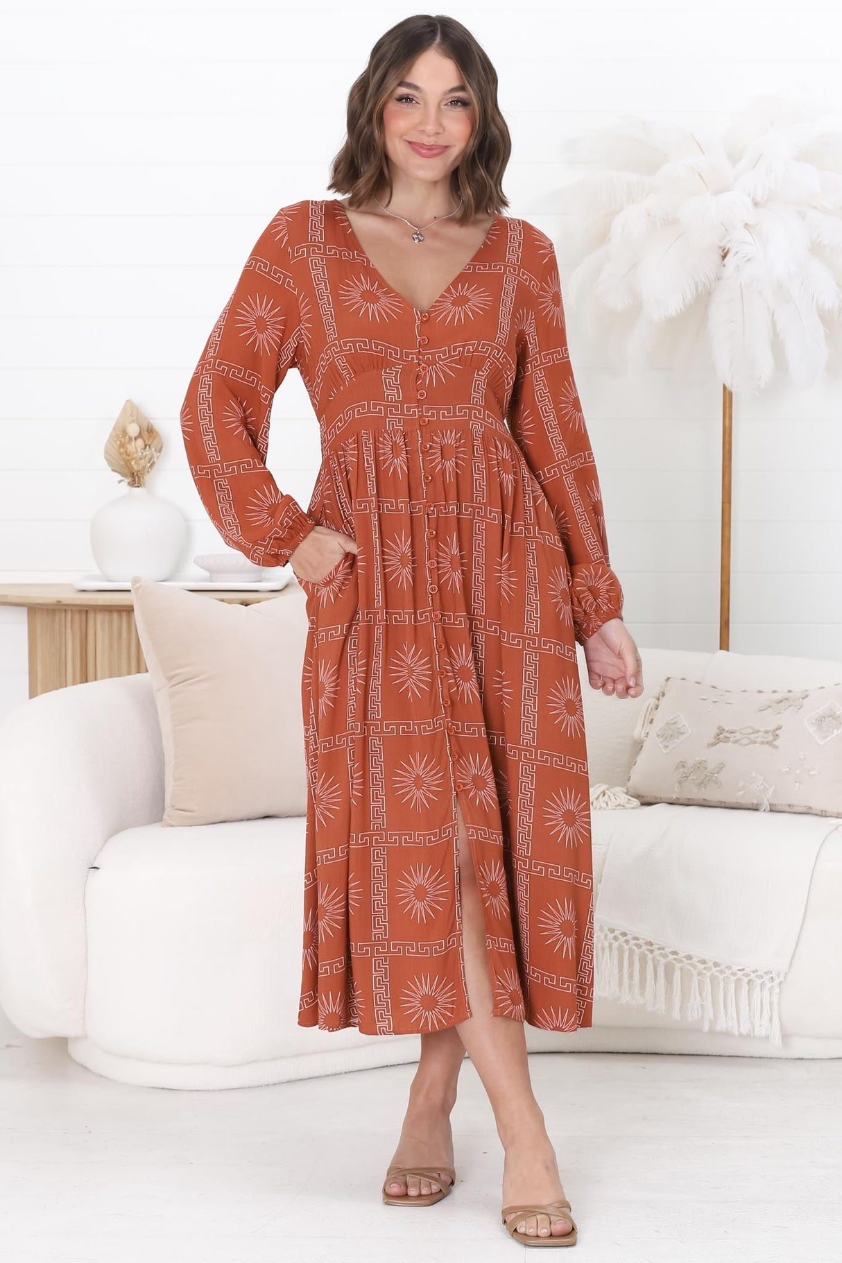 Bello Midi Dress - Button Through Dress with Balloon Sleeves in Astra Print Rust