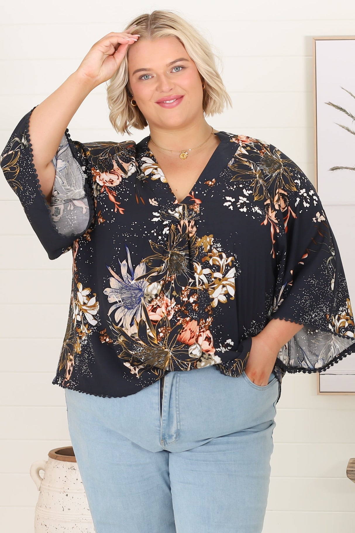 Gabriella Top - Mandarin Collar Deep V Neck Crochet Trim Top in Indigo Print