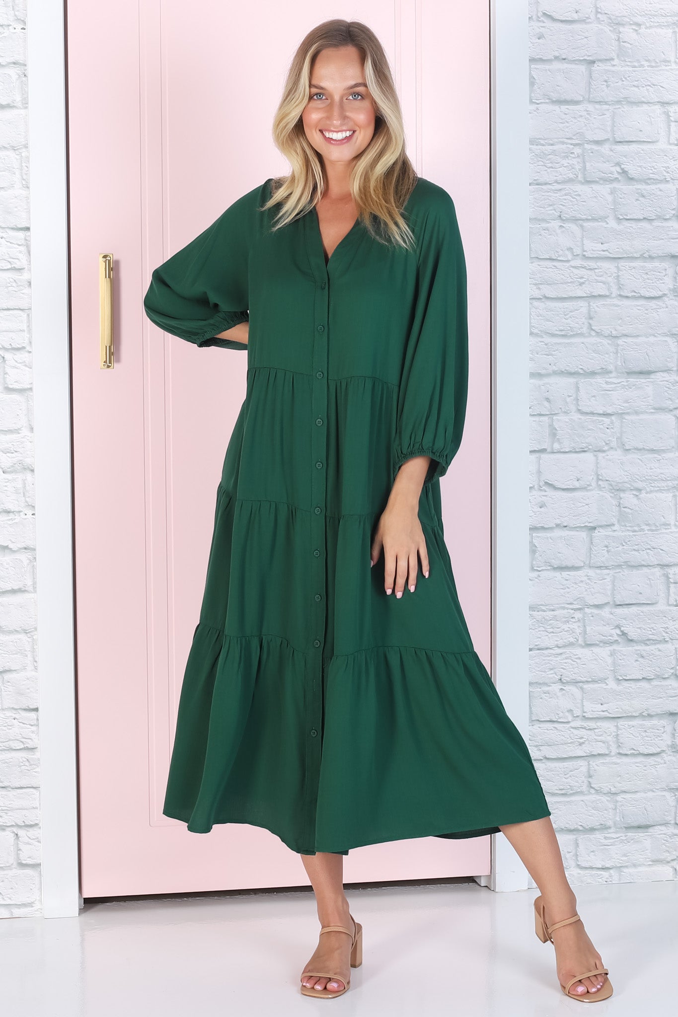Zaraha Midi Dress - Folded Collar Button Down Tiered Dress in Green