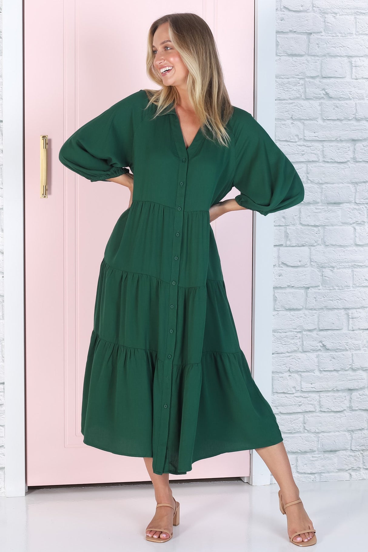 Zaraha Midi Dress - Folded Collar Button Down Tiered Dress in Green