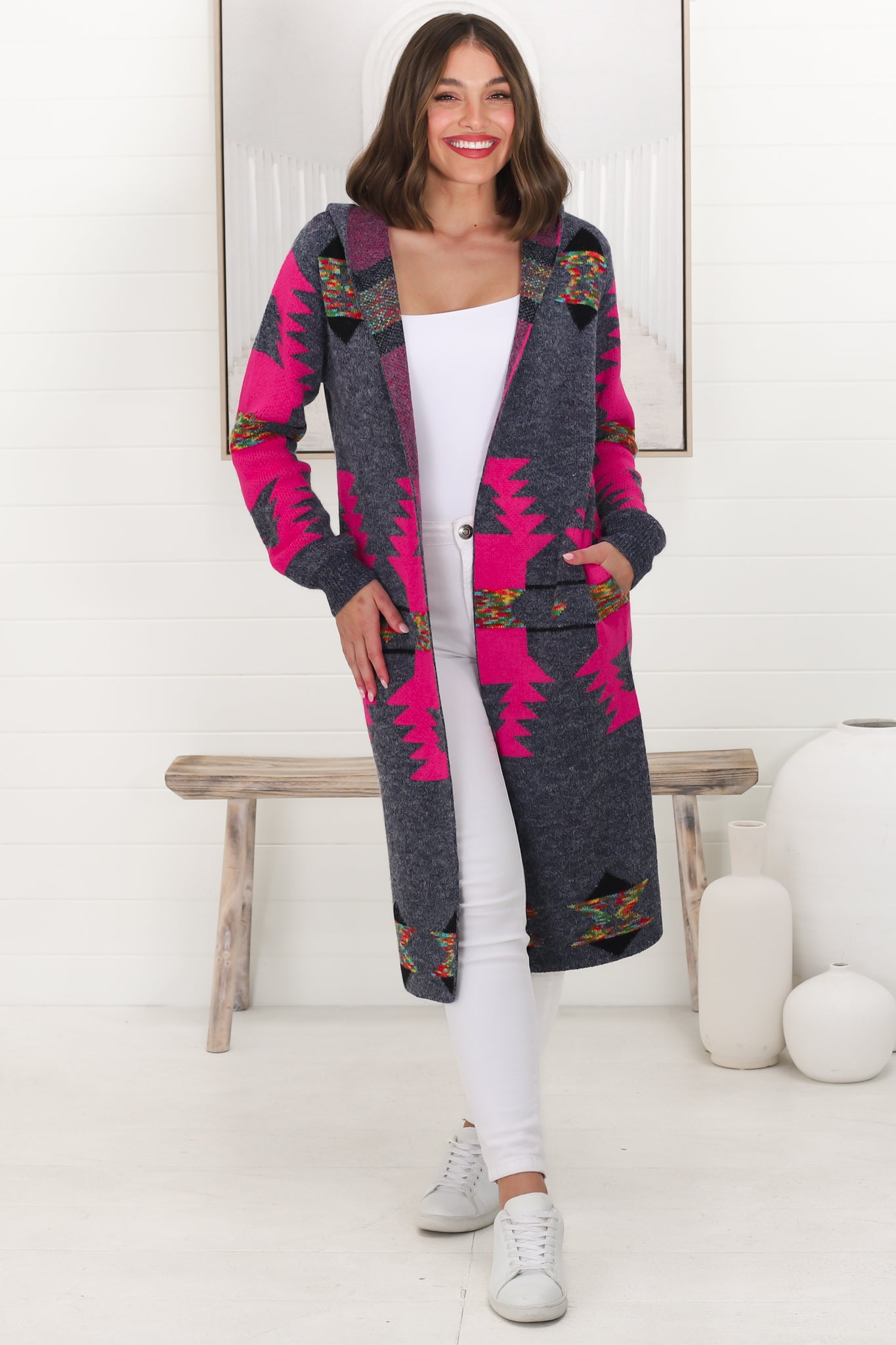Quest Cardigan - Hooded Long Line Graphic Cardigan in Pink