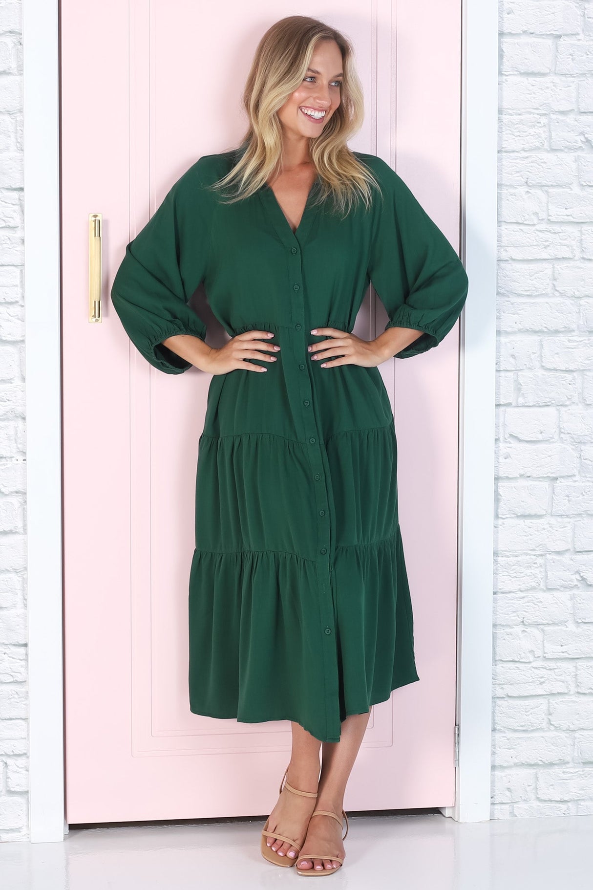 Zaraha Midi Dress - Folded Collar Button Down Tiered Dress in Green