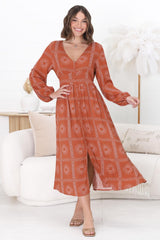 Bello Midi Dress - Button Through Dress with Balloon Sleeves in Astra Print Rust