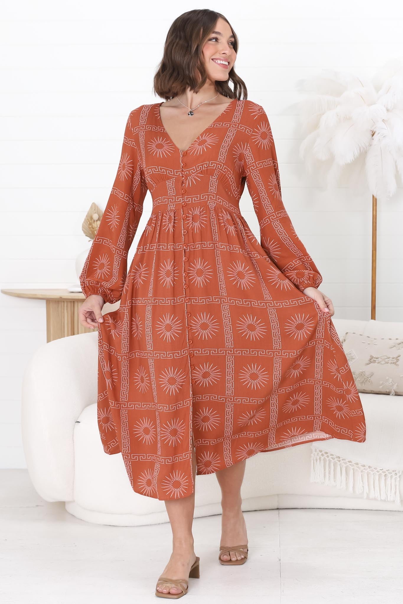 Bello Midi Dress - Button Through Dress with Balloon Sleeves in Astra Print Rust