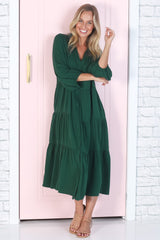 Zaraha Midi Dress - Folded Collar Button Down Tiered Dress in Green