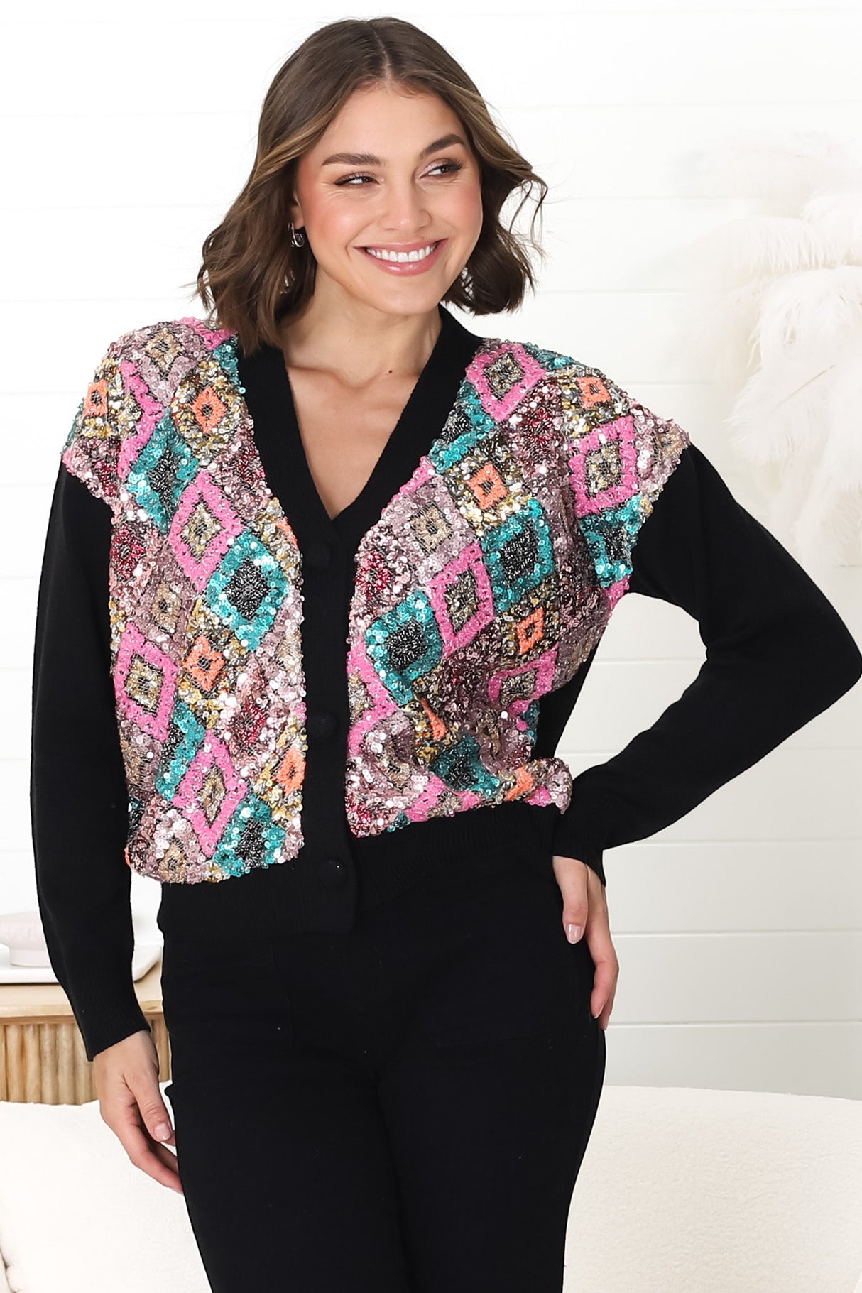 Jupiter Cardigan - Multi Sequin Button Up Cardigan in Black/Pink