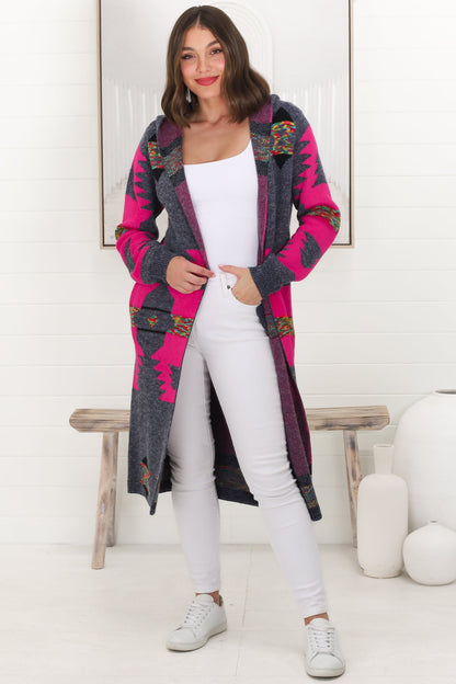 Quest Cardigan - Hooded Long Line Graphic Cardigan in Pink