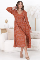 Bello Midi Dress - Button Through Dress with Balloon Sleeves in Astra Print Rust