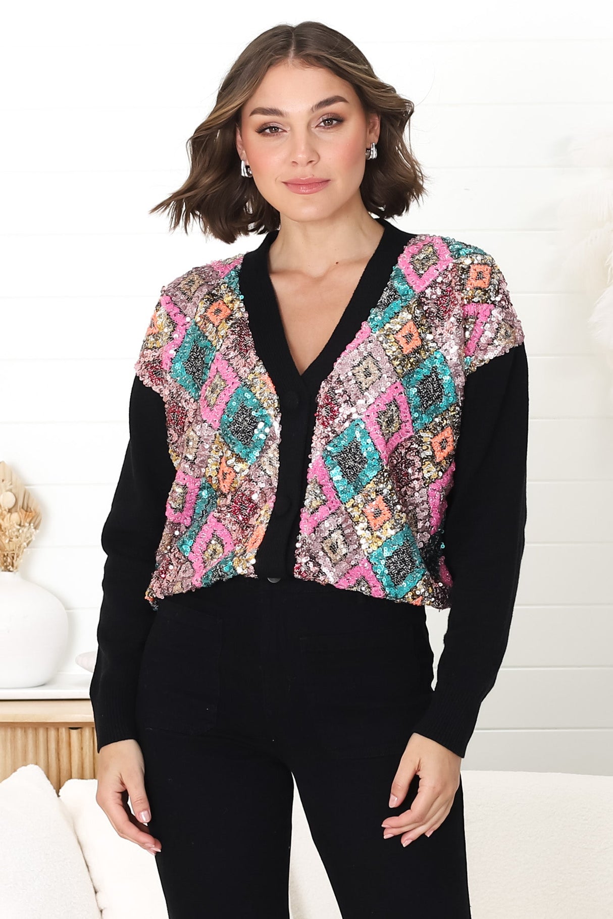 Jupiter Cardigan - Multi Sequin Button Up Cardigan in Black/Pink