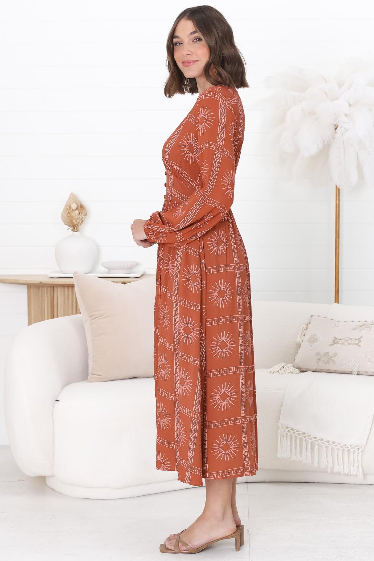 Bello Midi Dress - Button Through Dress with Balloon Sleeves in Astra Print Rust