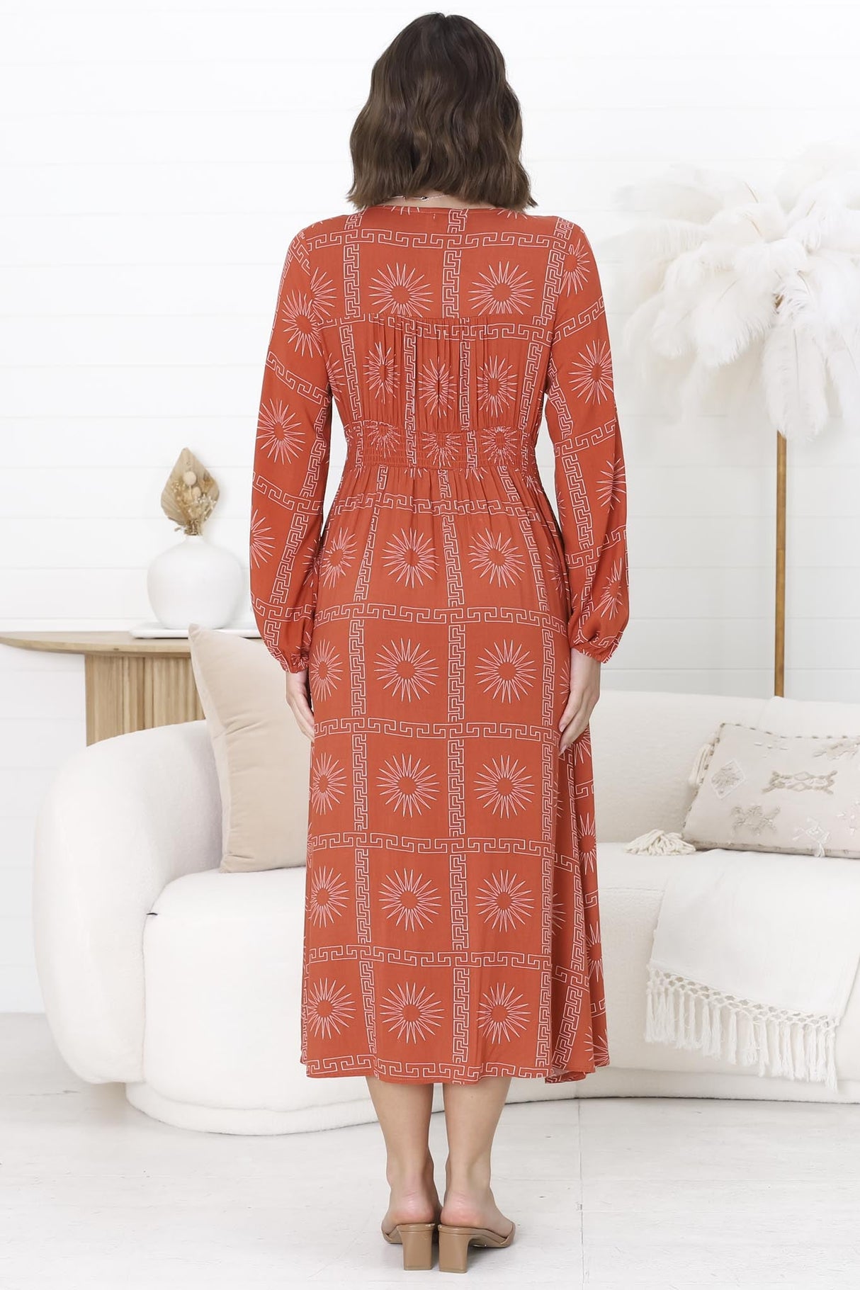 Bello Midi Dress - Button Through Dress with Balloon Sleeves in Astra Print Rust