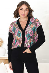 Jupiter Cardigan - Multi Sequin Button Up Cardigan in Black/Pink