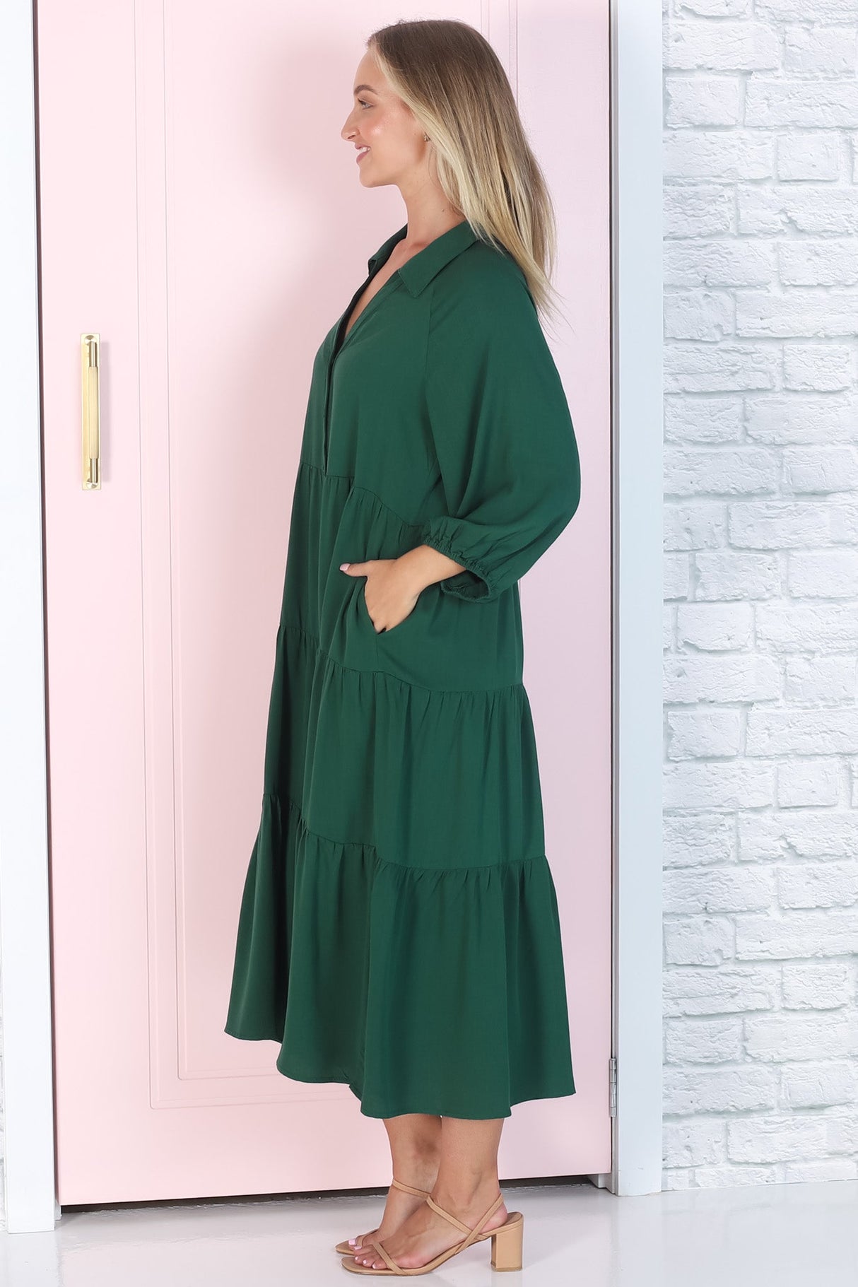 Zaraha Midi Dress - Folded Collar Button Down Tiered Dress in Green