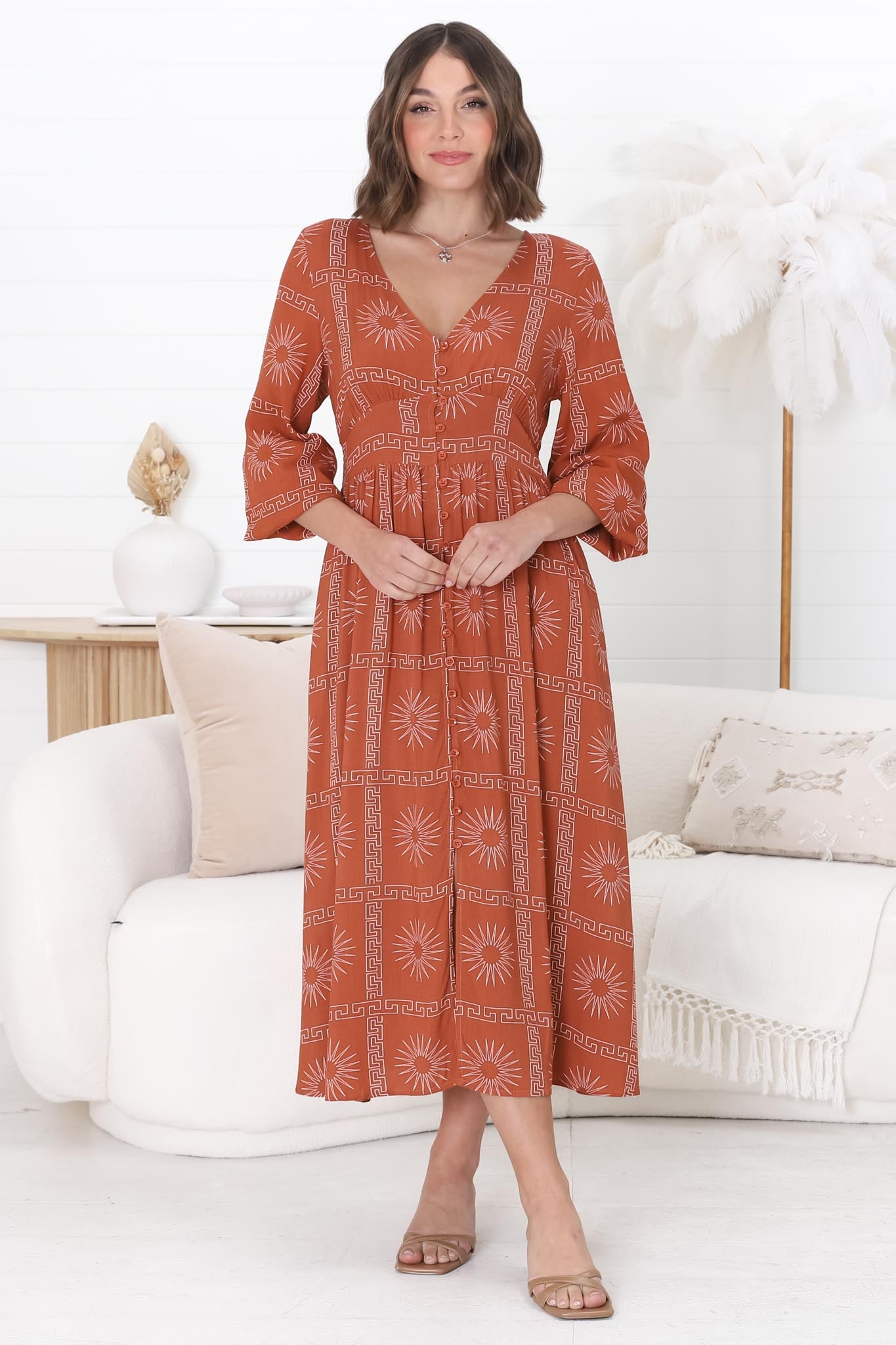 Bello Midi Dress - Button Through Dress with Balloon Sleeves in Astra Print Rust