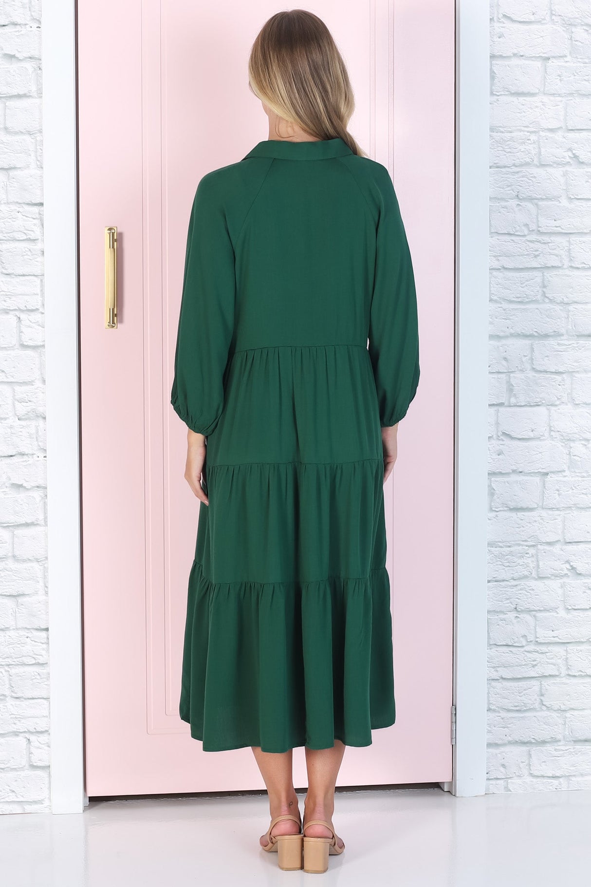 Zaraha Midi Dress - Folded Collar Button Down Tiered Dress in Green