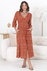 Bello Midi Dress - Button Through Dress with Balloon Sleeves in Astra Print Rust